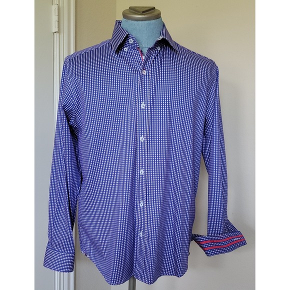 Robert Graham Blue Double RED LINE Men's Tailor Fit Long Sleeve Print Shirt Sz L